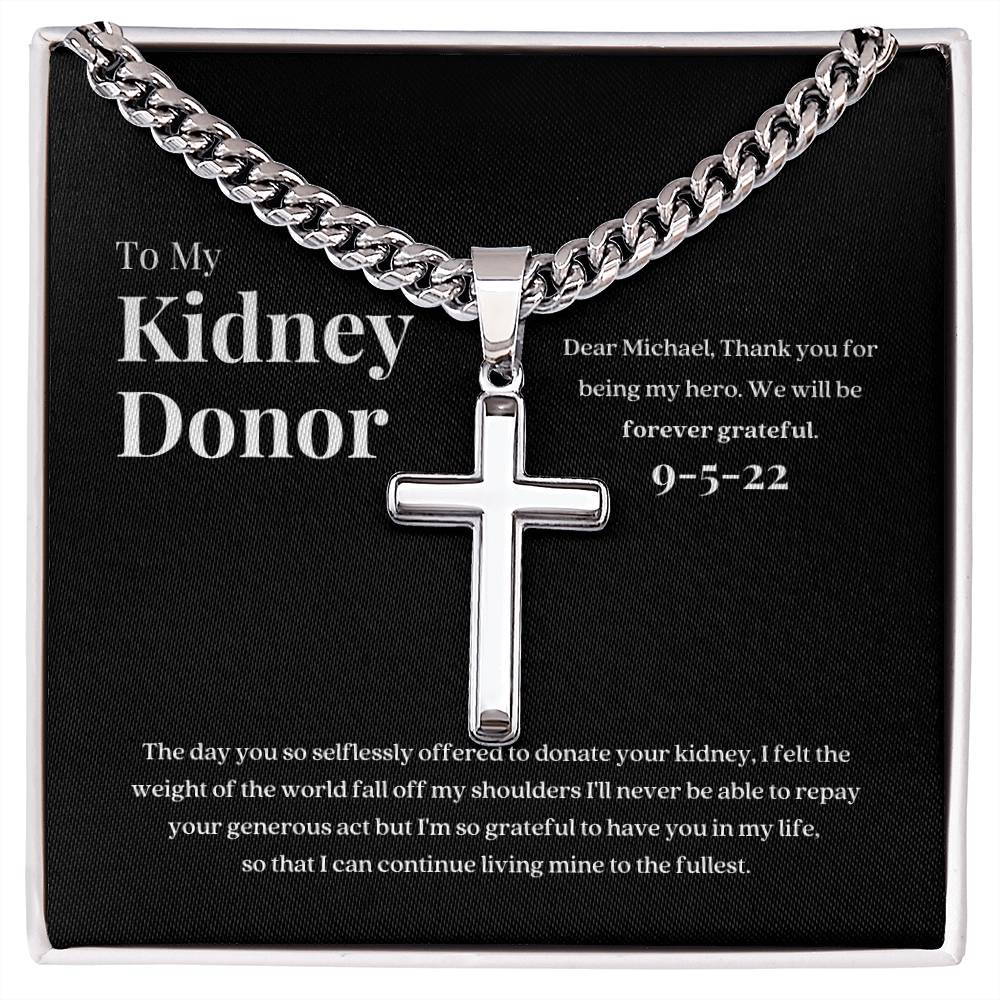 Kidney Donor Gratitude Cross Cuban Link Necklace with Personalized Message Card