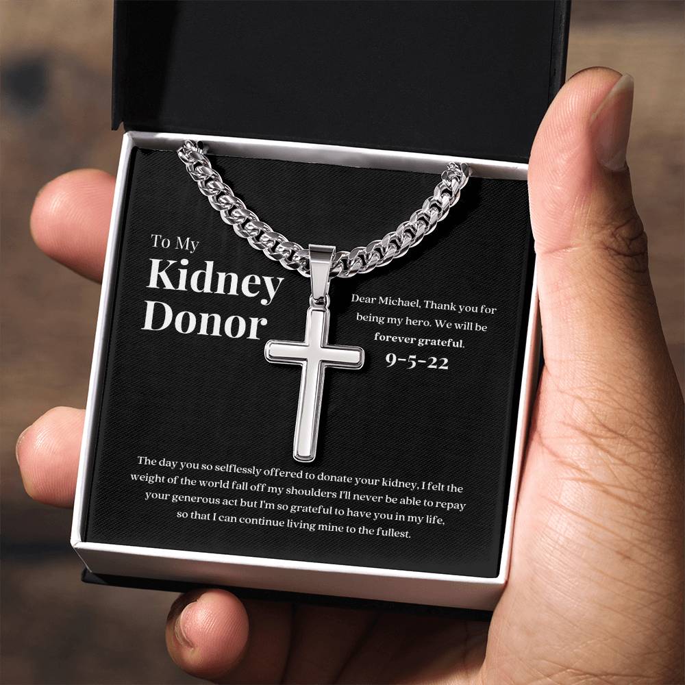 Kidney Donor Gratitude Cross Cuban Link Necklace with Personalized Message Card