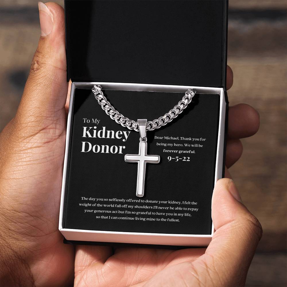 Kidney Donor Gratitude Cross Cuban Link Necklace with Personalized Message Card