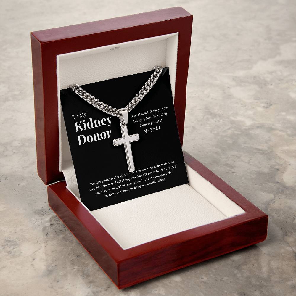 Kidney Donor Gratitude Cross Cuban Link Necklace with Personalized Message Card
