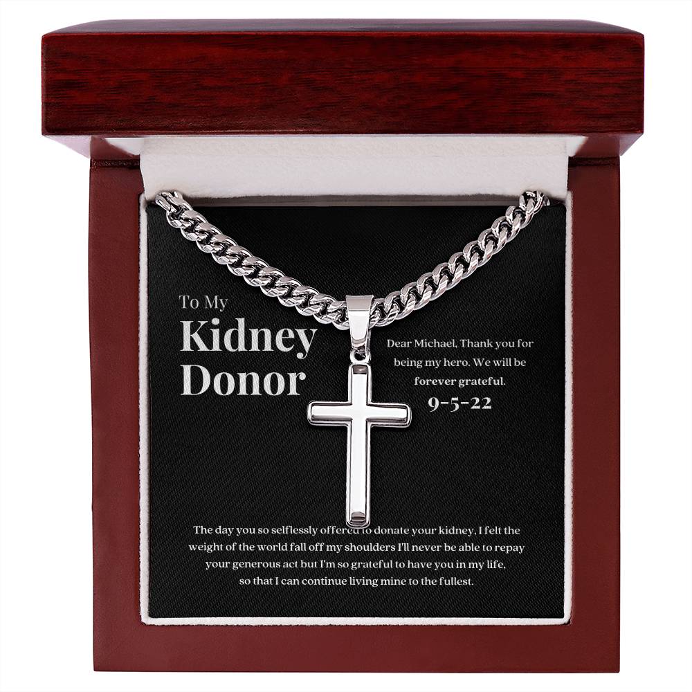 Kidney Donor Gratitude Cross Cuban Link Necklace with Personalized Message Card