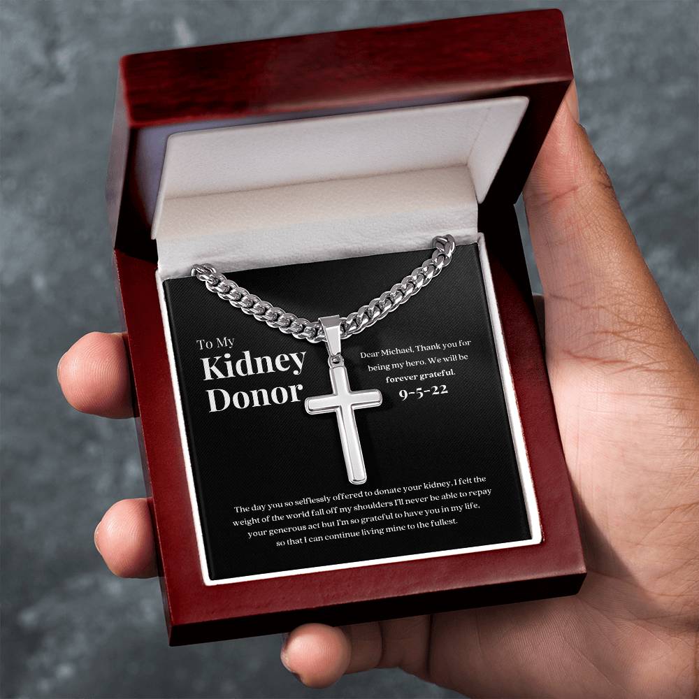 Kidney Donor Gratitude Cross Cuban Link Necklace with Personalized Message Card