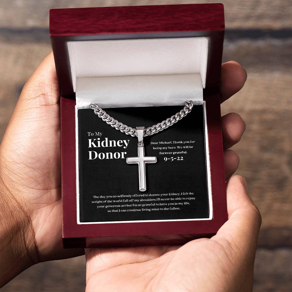 Kidney Donor Gratitude Cross Cuban Link Necklace with Personalized Message Card