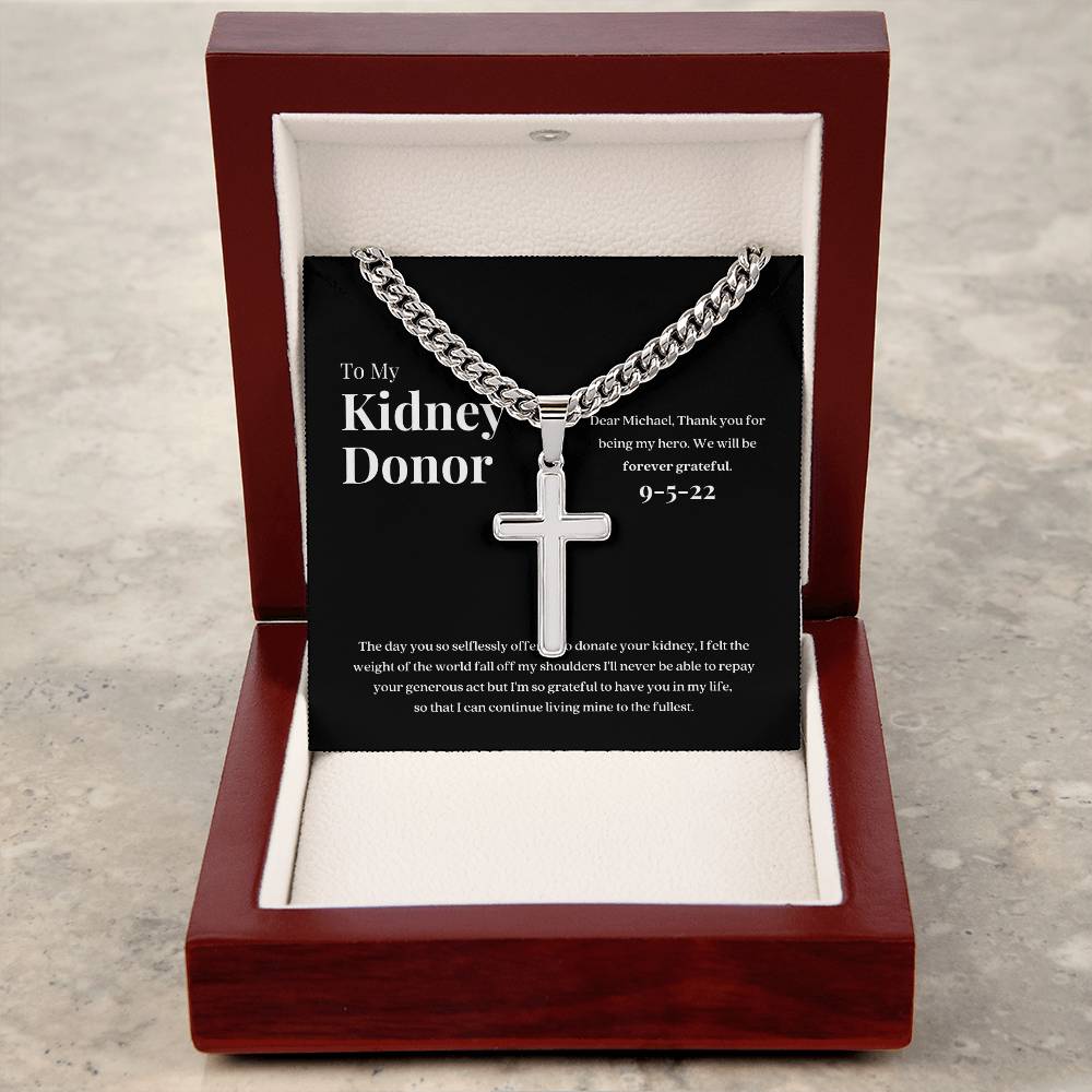 Kidney Donor Gratitude Cross Cuban Link Necklace with Personalized Message Card