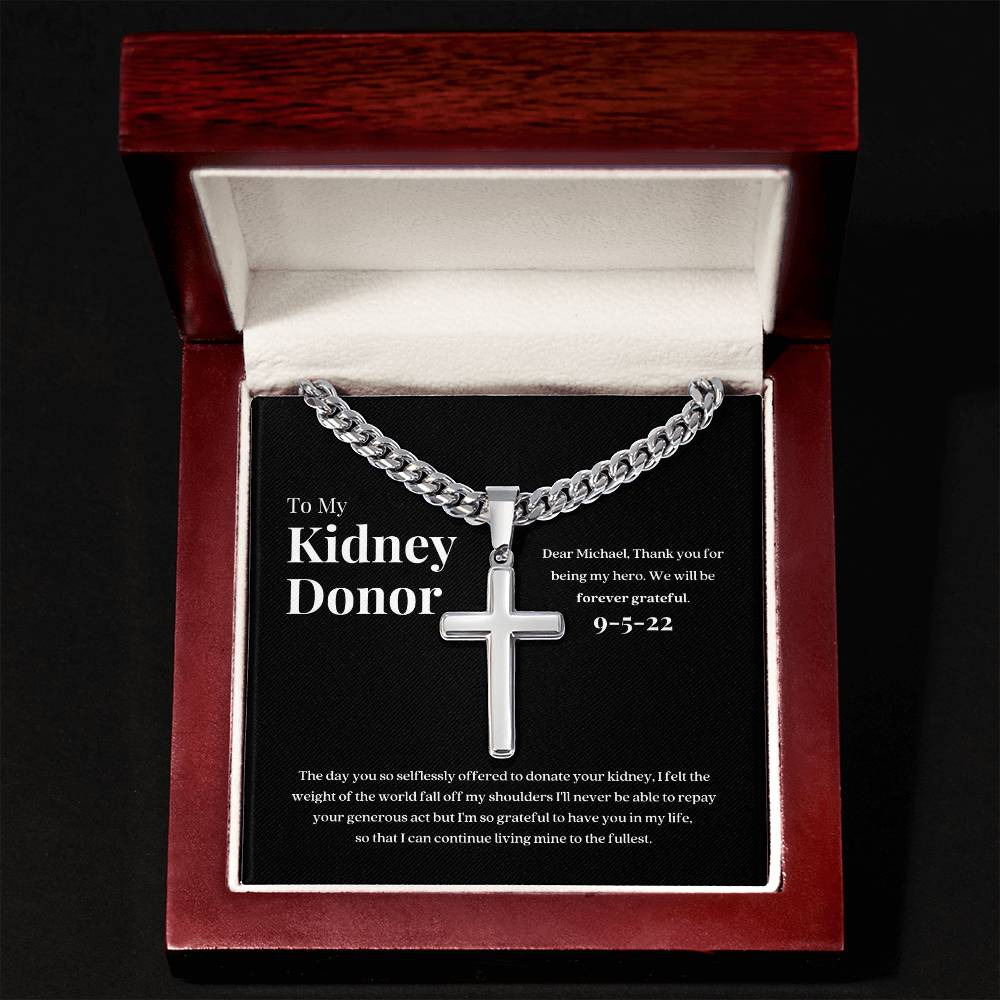 Kidney Donor Gratitude Cross Cuban Link Necklace with Personalized Message Card